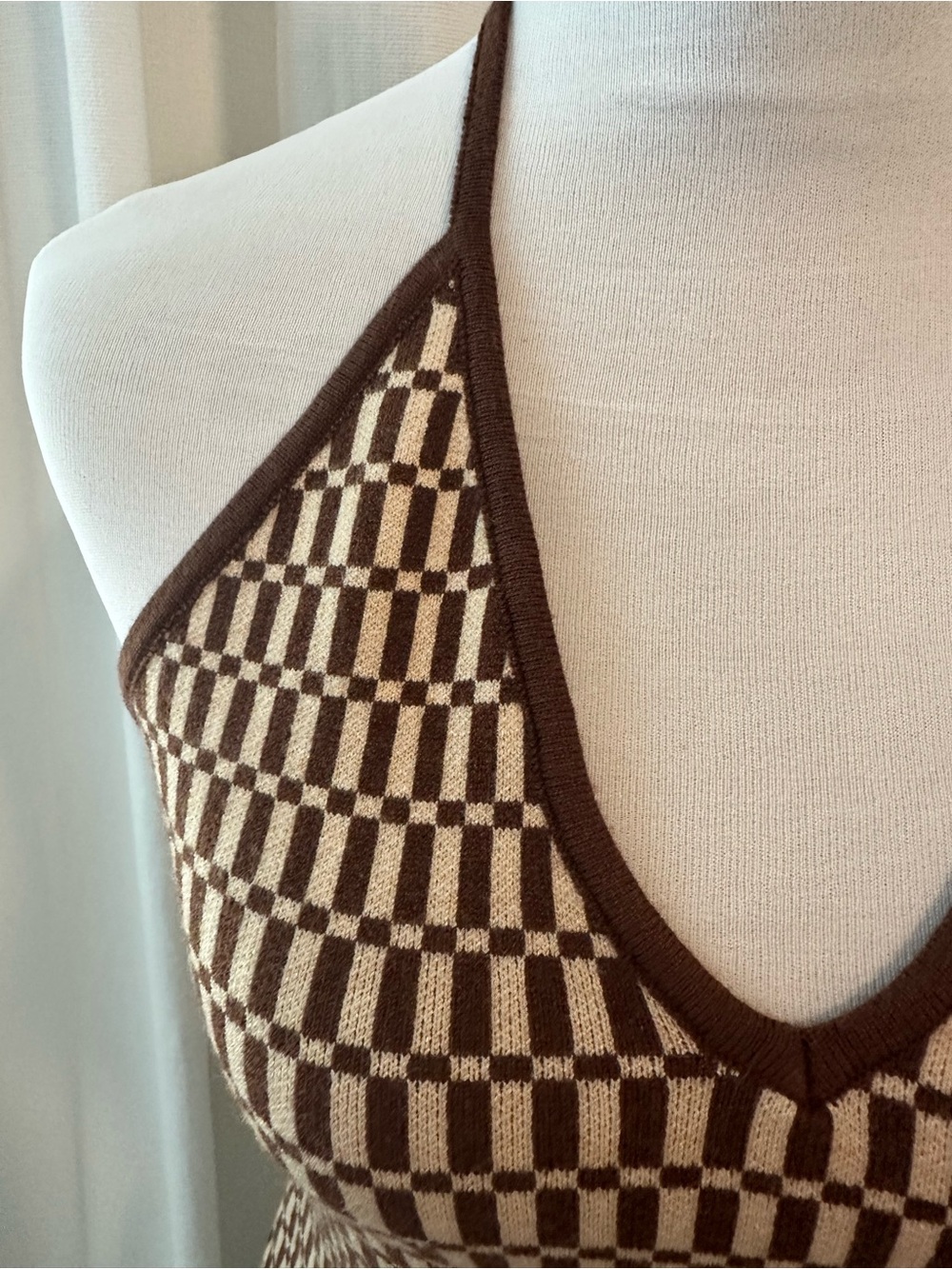 Cotton Candy Brown & Cream Checker Halter Mini Dress - Picture 4 of 9
